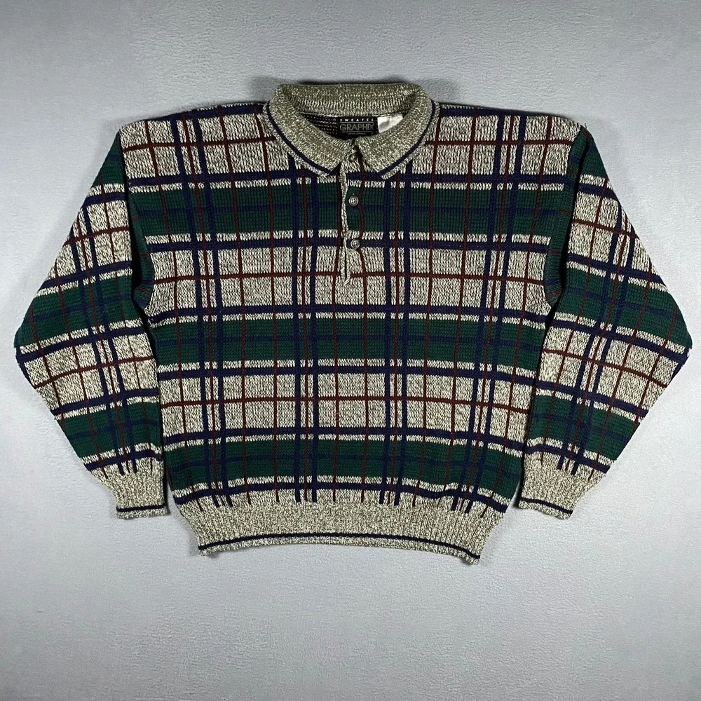 Vintage Sweater Graphix Polo Sweater Mens Large Green Plaid Long Sleeve Knit